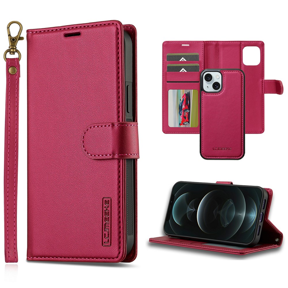 LC.IMEEKE L2 Series for iPhone 14 / 13 Case PU Leather Wallet Detachable Magnetic Phone Cover - Red