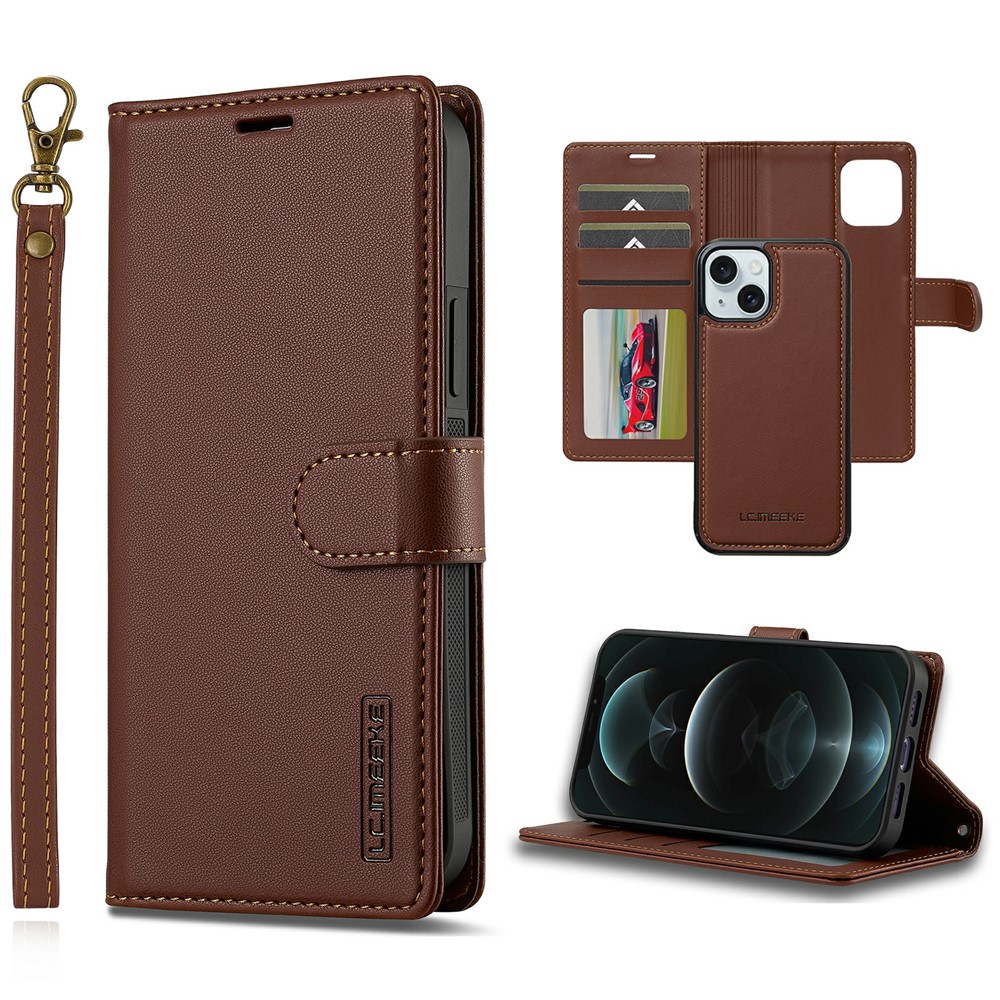 LC.IMEEKE L2 Series for iPhone 14 / 13 Case PU Leather Wallet Detachable Magnetic Phone Cover - Brown