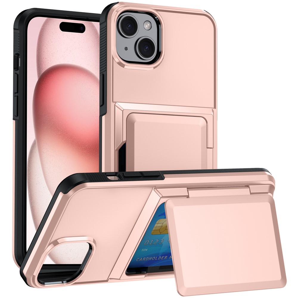 For iPhone 15 Cases Card Slot TPU+PC Kickstand Phone Case - Rose Gold