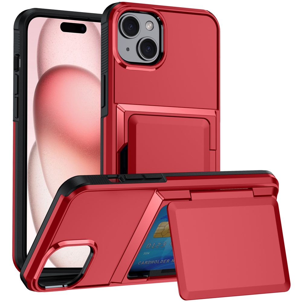 For iPhone 15 Cases Card Slot TPU+PC Kickstand Phone Case - Red