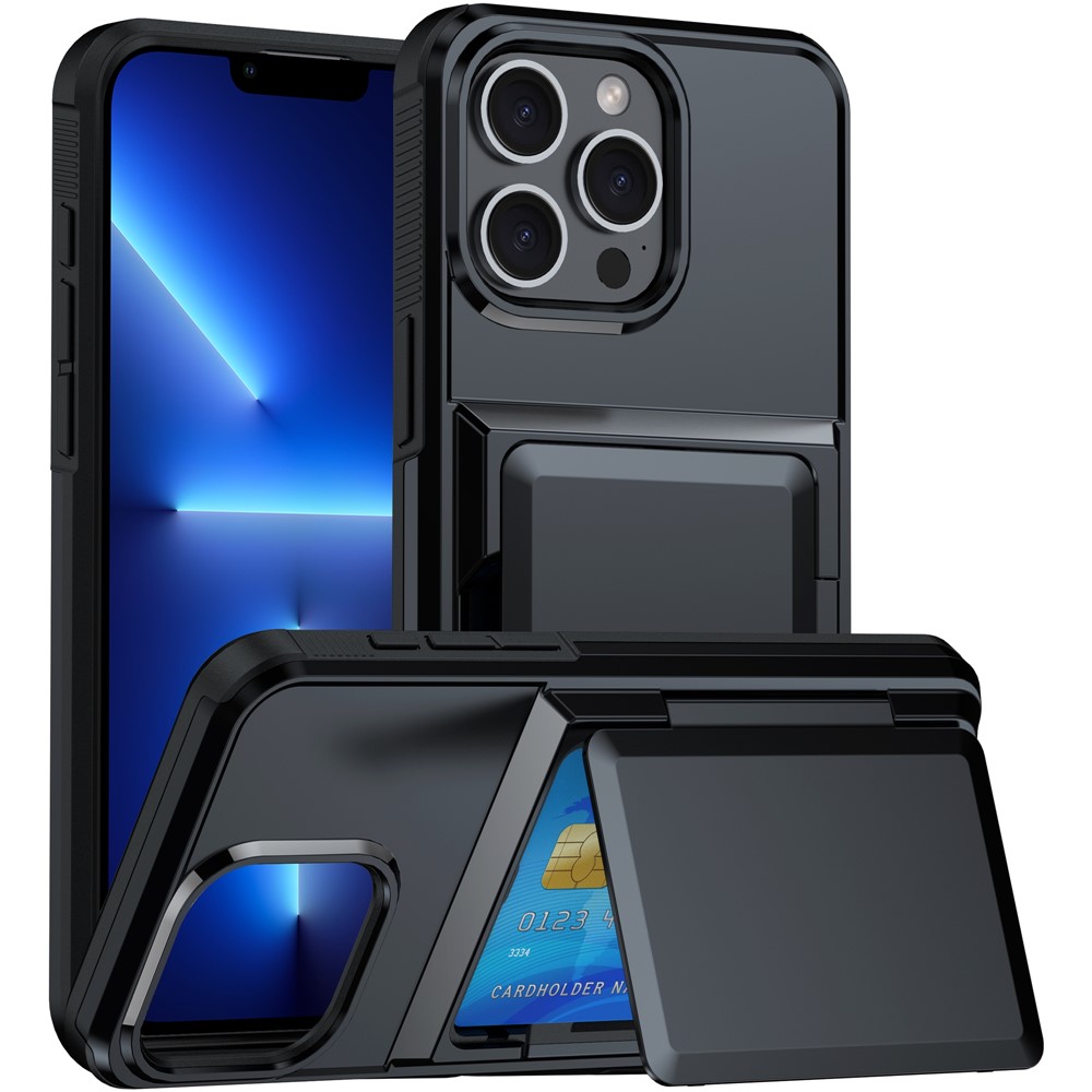 For iPhone 13 Pro Cases Card Slot TPU+PC Kickstand Phone Case - Black
