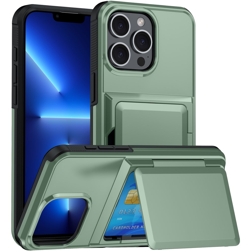 For iPhone 13 Pro Cases Card Slot TPU+PC Kickstand Phone Case - Light Green