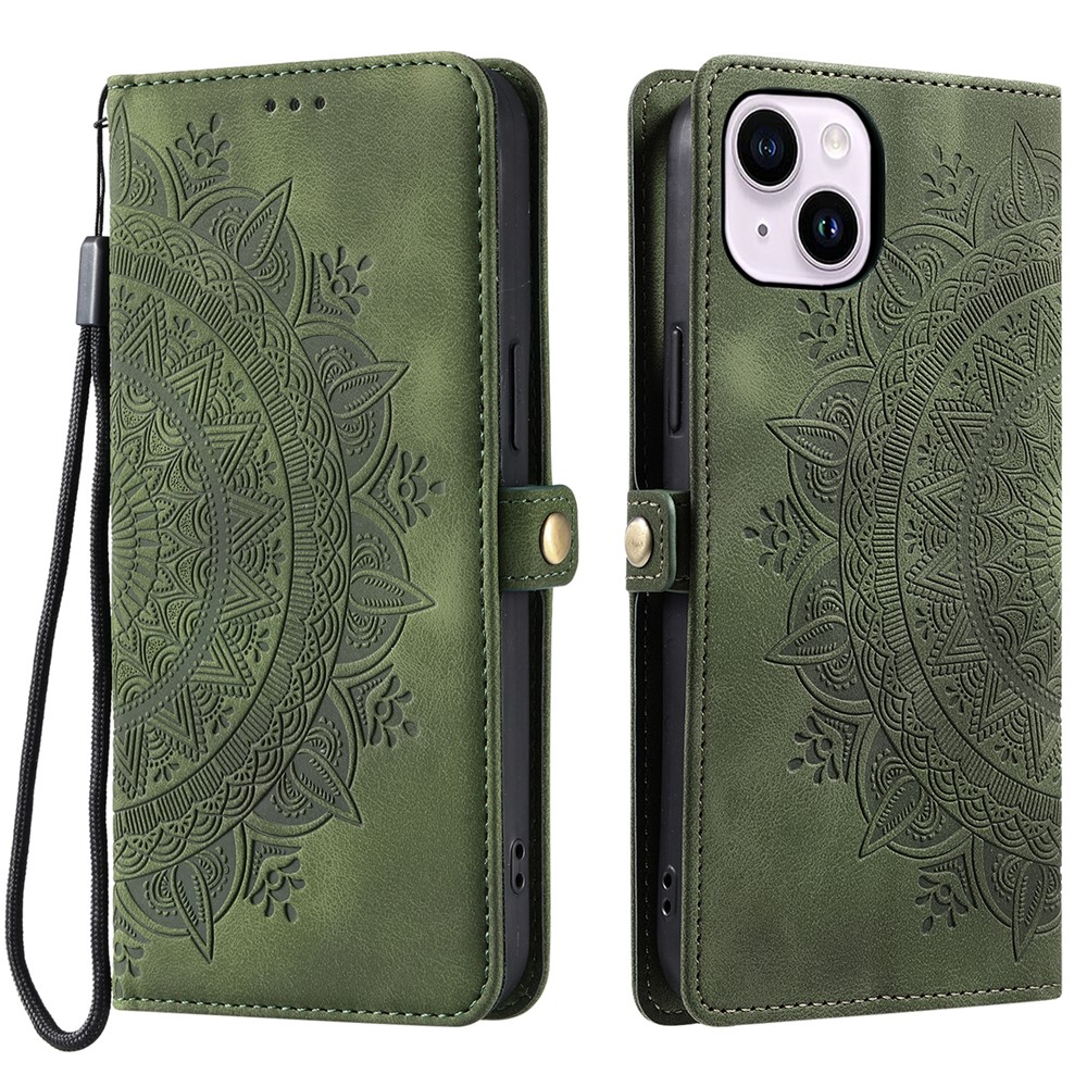 Style 016 For iPhone 15 Case Skin Feel Totem Imprinted Wallet Leather Phone Cover - Blackish Green