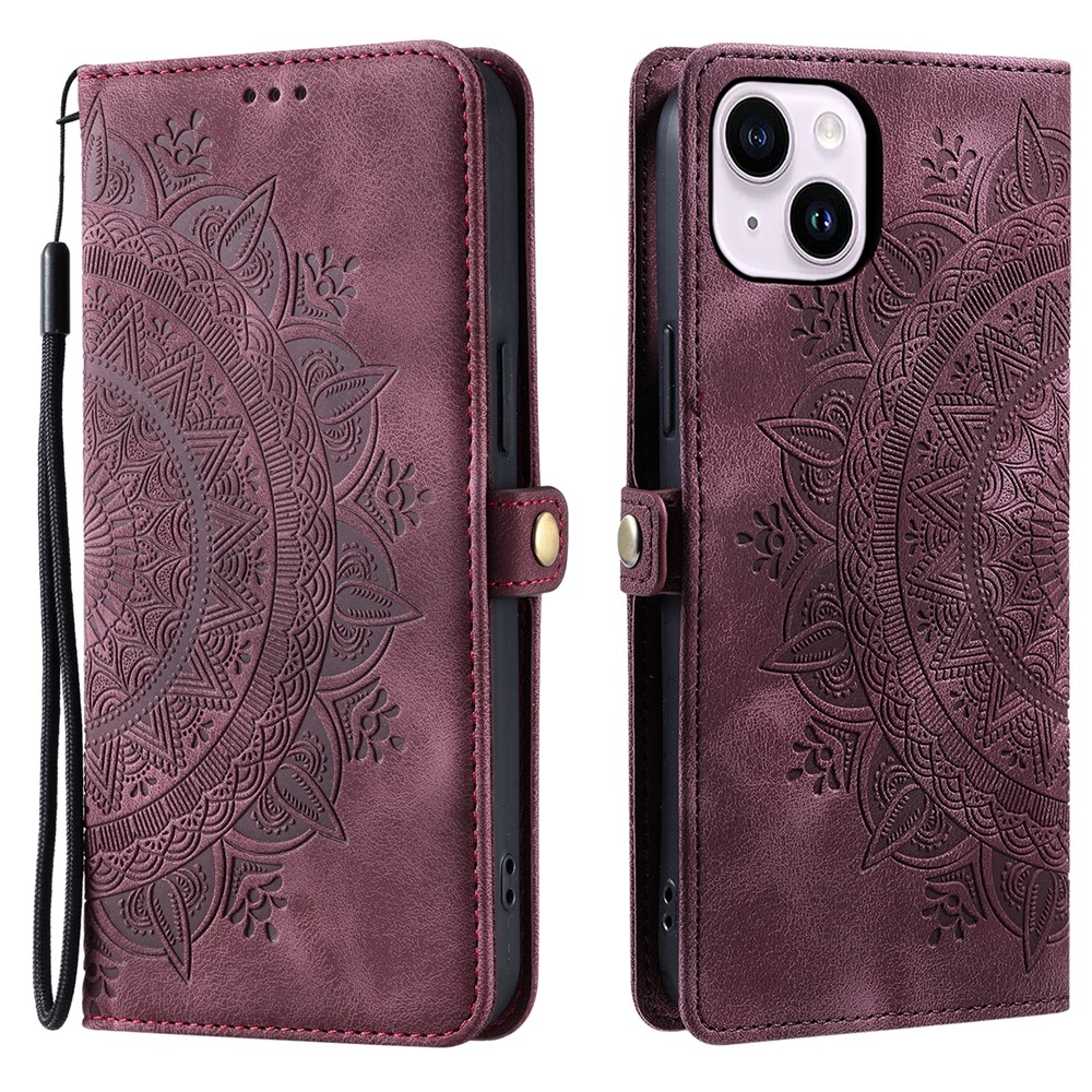 Style 016 For iPhone 15 Case Skin Feel Totem Imprinted Wallet Leather Phone Cover - Wine Red