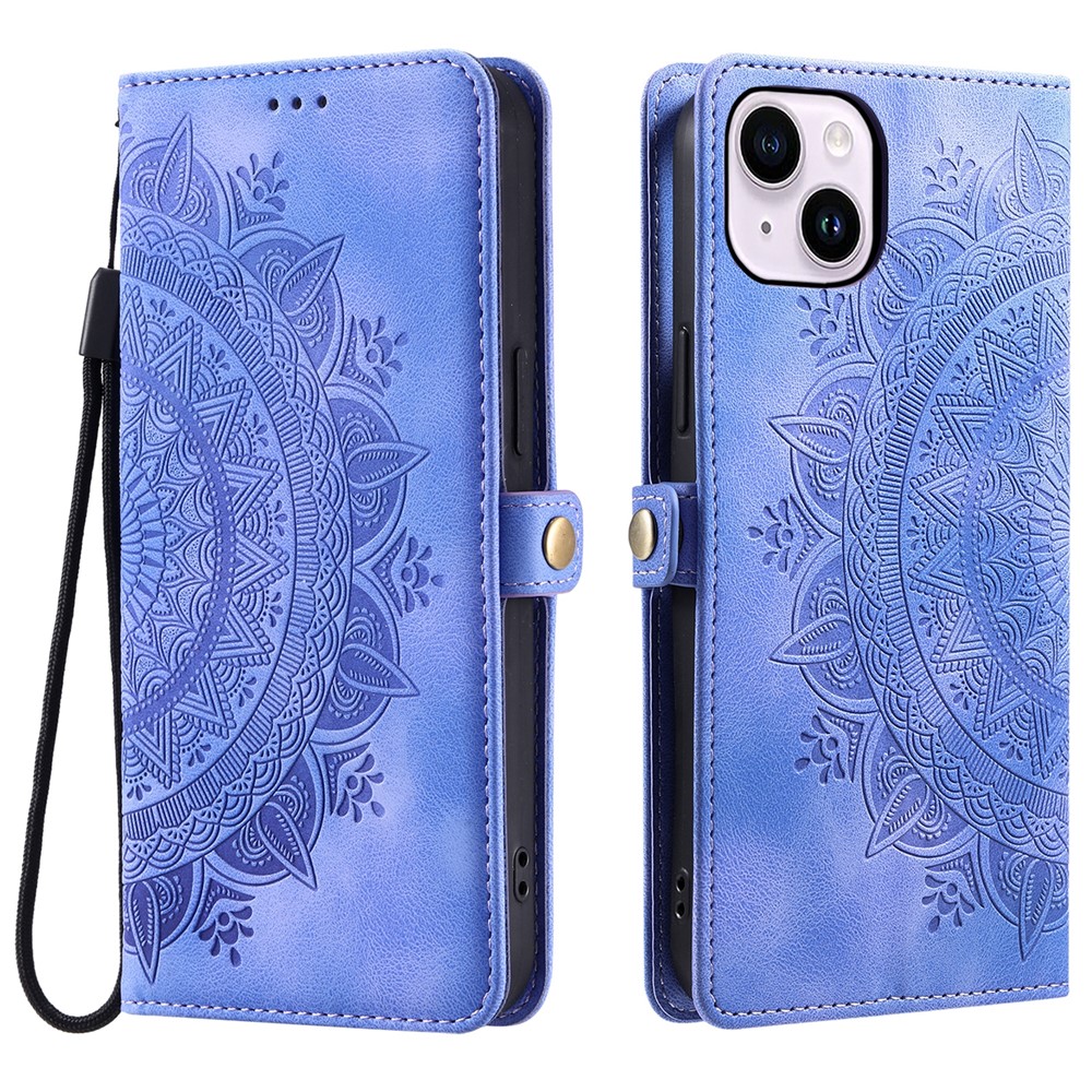 Style 016 For iPhone 15 Case Skin Feel Totem Imprinted Wallet Leather Phone Cover - Purple