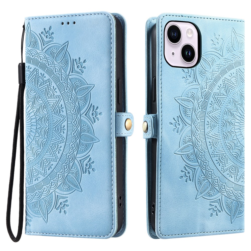 Style 016 For iPhone 15 Case Skin Feel Totem Imprinted Wallet Leather Phone Cover - Lake Blue