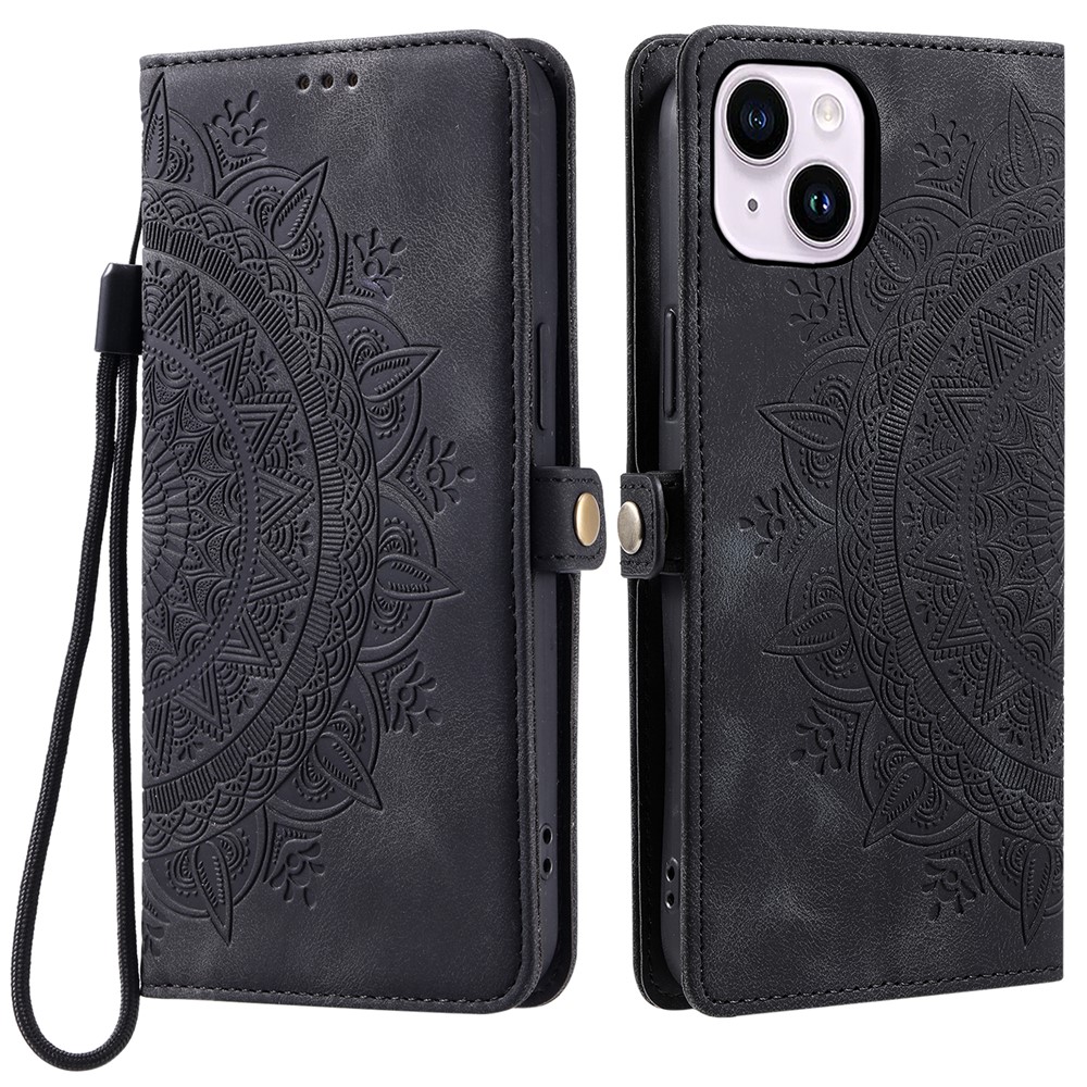 Style 016 For iPhone 15 Case Skin Feel Totem Imprinted Wallet Leather Phone Cover - Black