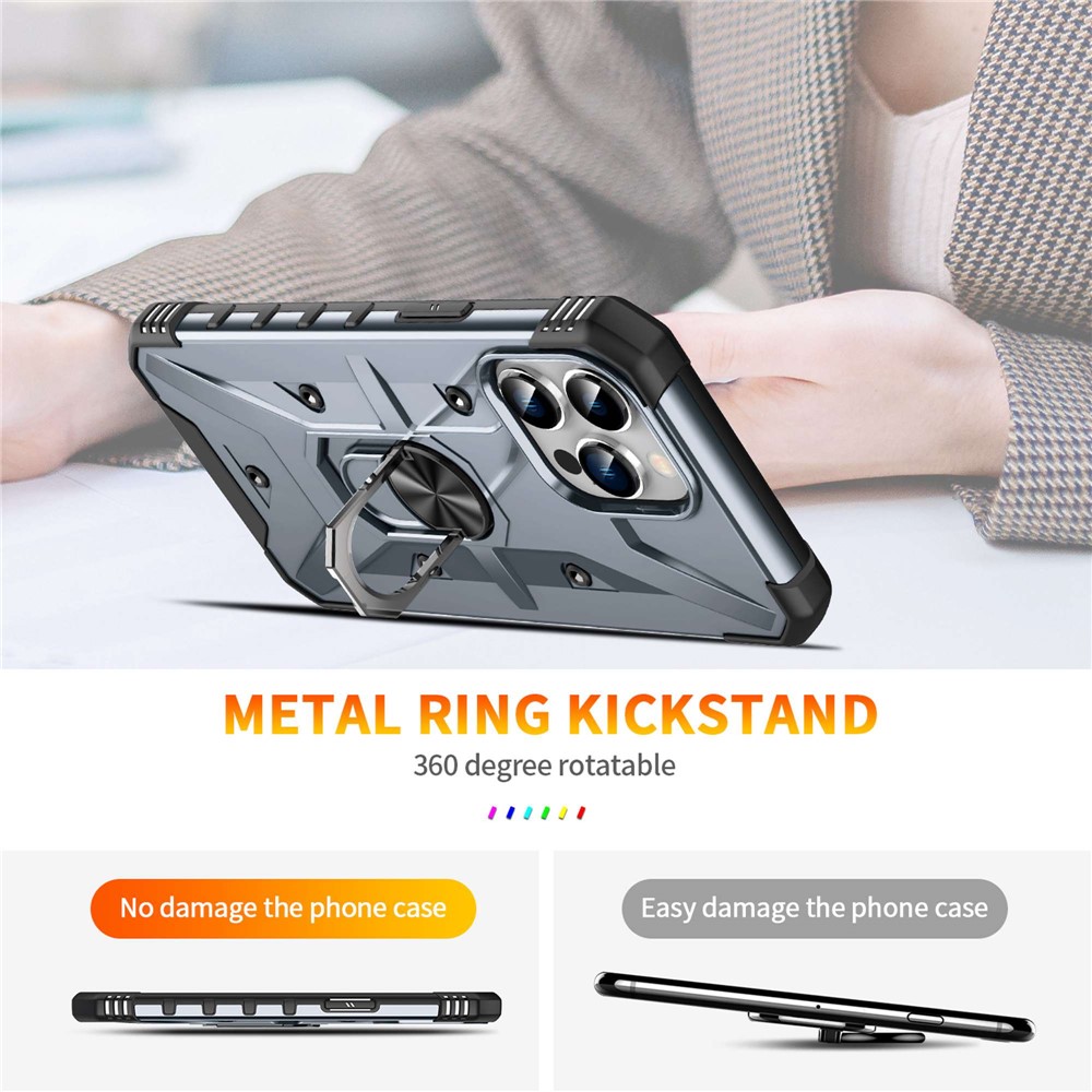 For iPhone 14 Pro Military Grade Ring Car Mount Kickstand Case Hybrid Hard PC Soft TPU Shockproof Protective Cover - Grey-2