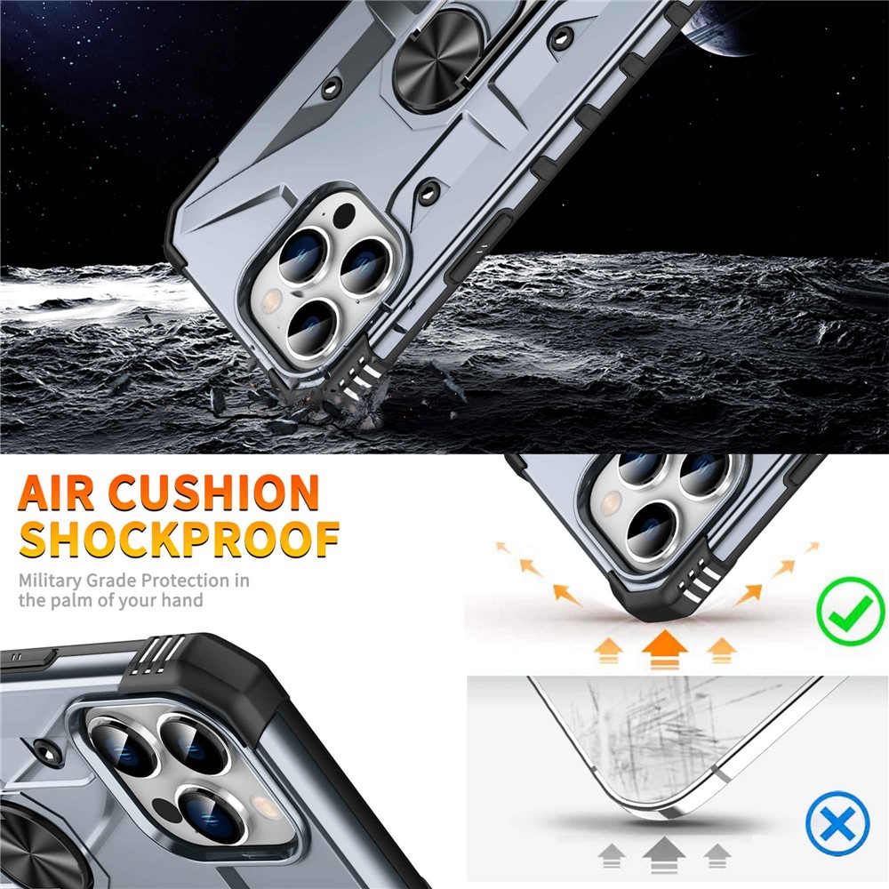 For iPhone 14 Pro Military Grade Ring Car Mount Kickstand Case Hybrid Hard PC Soft TPU Shockproof Protective Cover - Grey-4