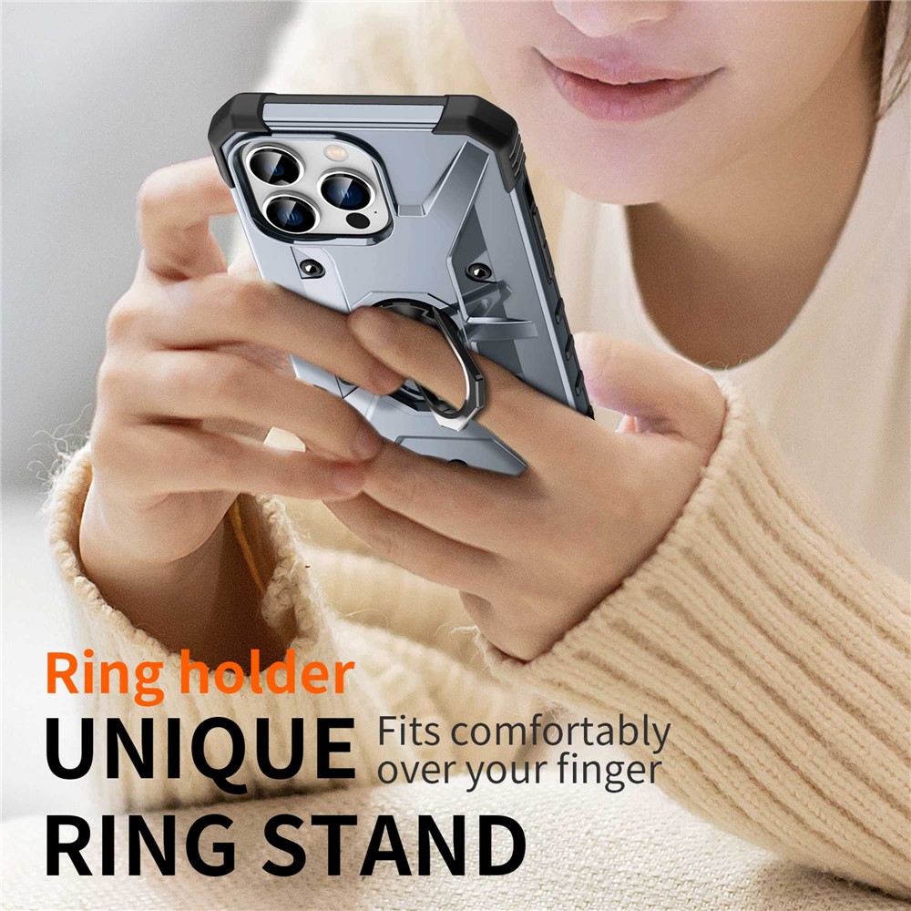 For iPhone 14 Pro Military Grade Ring Car Mount Kickstand Case Hybrid Hard PC Soft TPU Shockproof Protective Cover - Grey-6