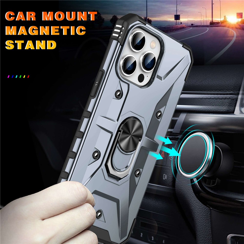 For iPhone 14 Pro Military Grade Ring Car Mount Kickstand Case Hybrid Hard PC Soft TPU Shockproof Protective Cover - Grey-7
