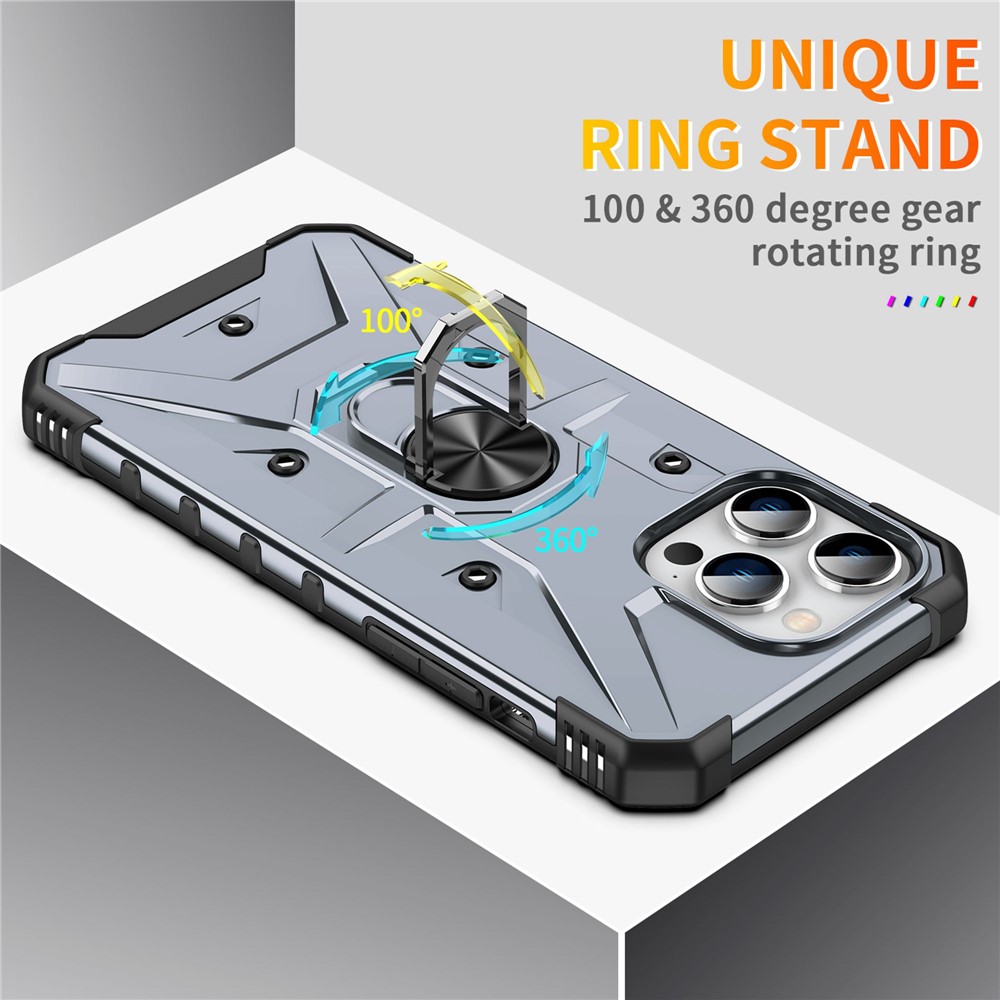 For iPhone 14 Pro Military Grade Ring Car Mount Kickstand Case Hybrid Hard PC Soft TPU Shockproof Protective Cover - Grey-8