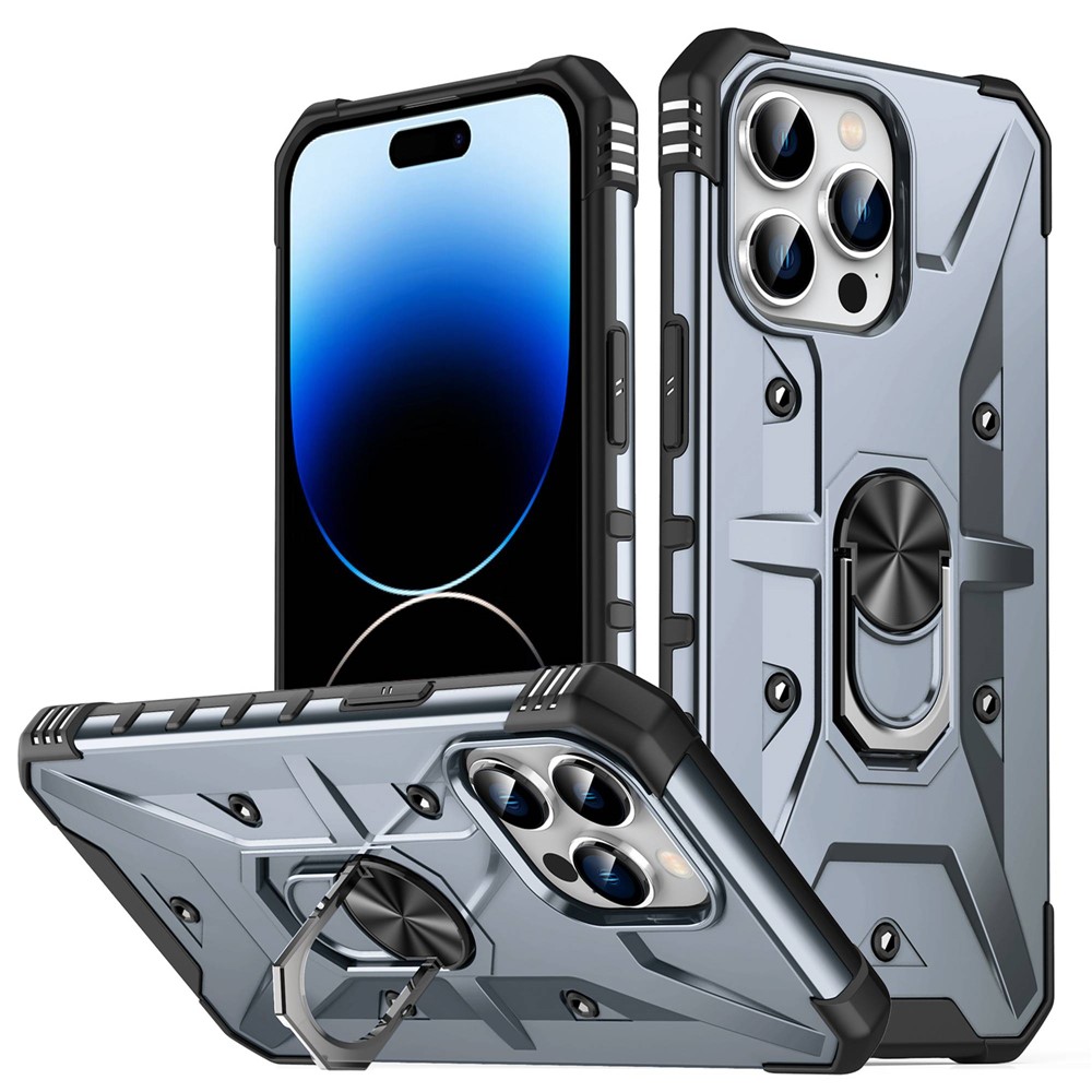 For iPhone 14 Pro Max Armor Case Hard PC Soft TPU Impact-Resistant Protective Cover with Ring Kickstand - Grey-1