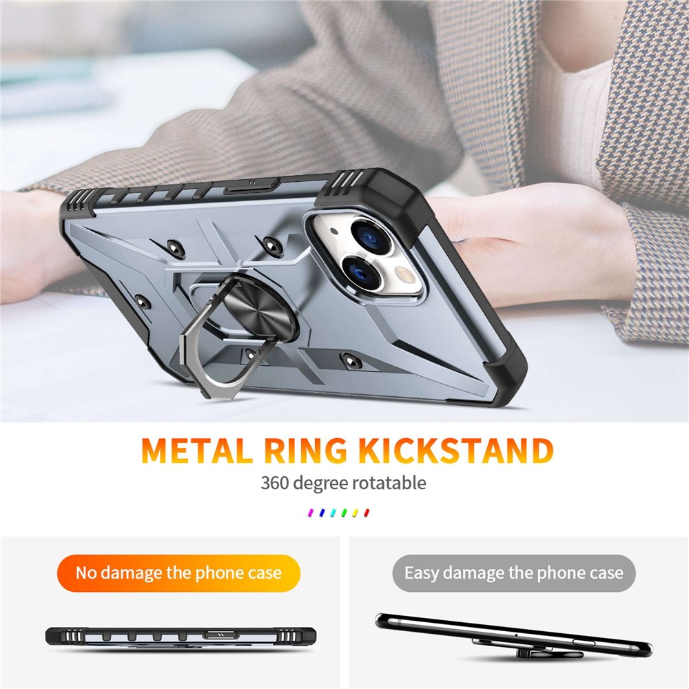 For iPhone 14 Ring Holder Kickstand Case Hard PC Soft TPU Military Grade Shockproof Car Mount Cover - Grey-2