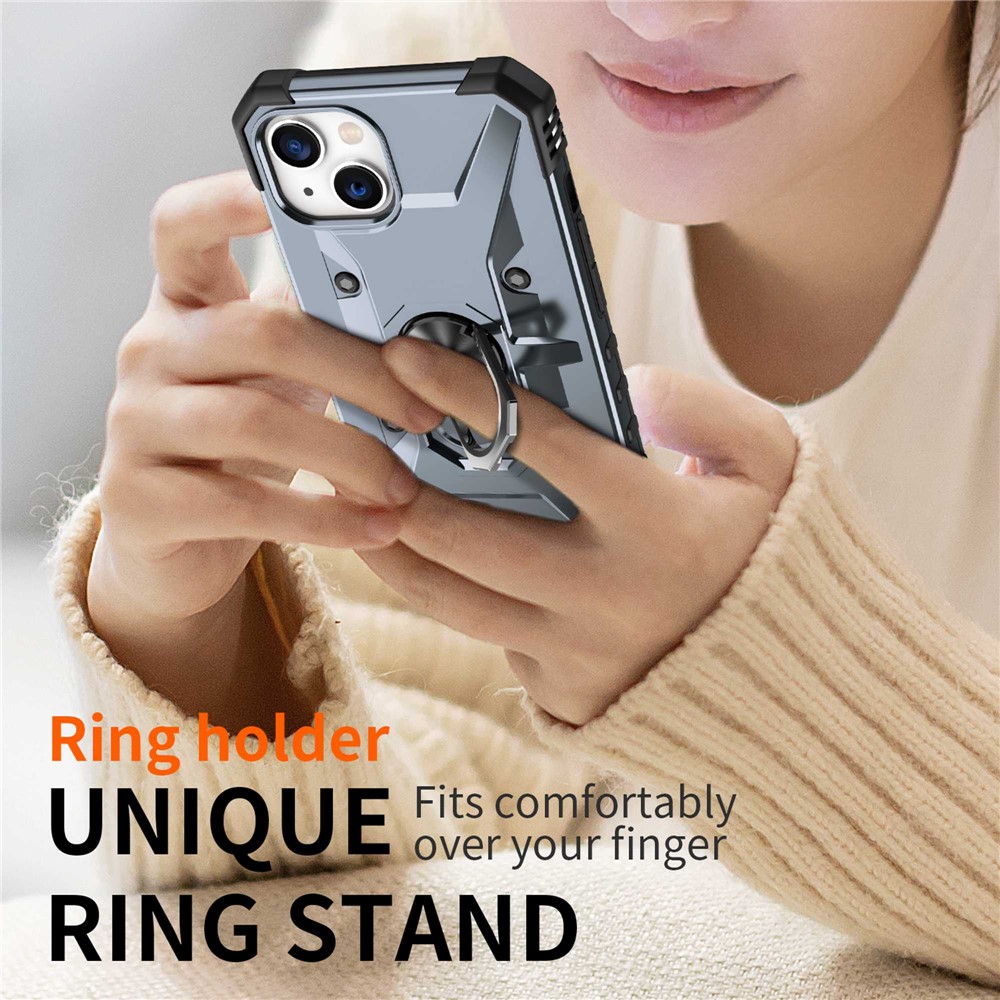 For iPhone 14 Ring Holder Kickstand Case Hard PC Soft TPU Military Grade Shockproof Car Mount Cover - Grey-6