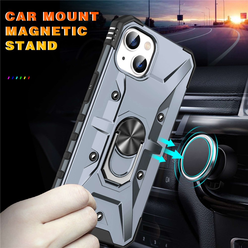 For iPhone 14 Ring Holder Kickstand Case Hard PC Soft TPU Military Grade Shockproof Car Mount Cover - Grey-7