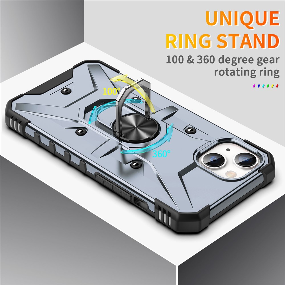 For iPhone 14 Ring Holder Kickstand Case Hard PC Soft TPU Military Grade Shockproof Car Mount Cover - Grey-8