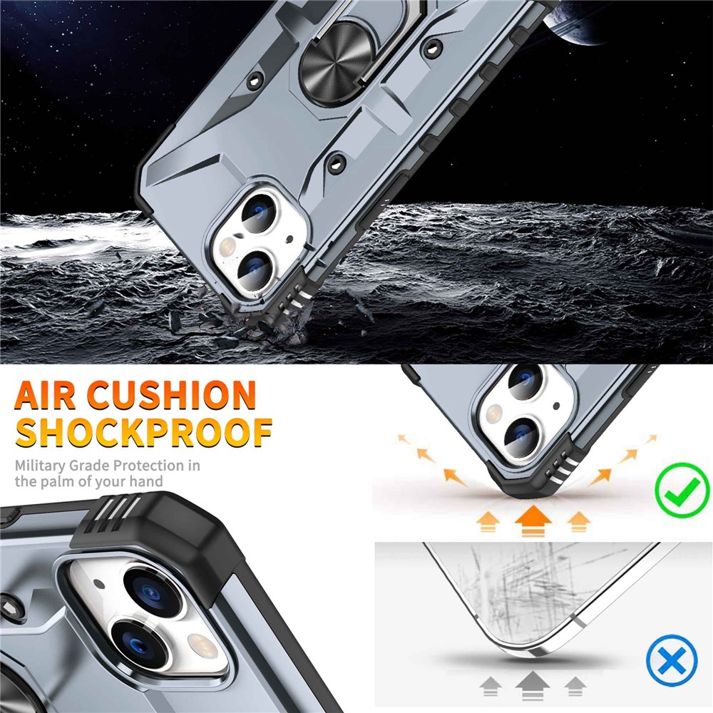 For iPhone 14 Plus Ring Car Mount Kickstand Phone Case Hard PC Soft TPU Hybrid Military-Grade Shockproof Cover - Grey-4