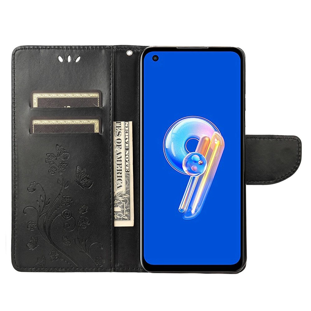For Asus Zenfone 9 5G PU Leather Wallet Case Imprinting Flower Butterflies Magnetic Closure Stand Flip Cover with Strap - Black-2