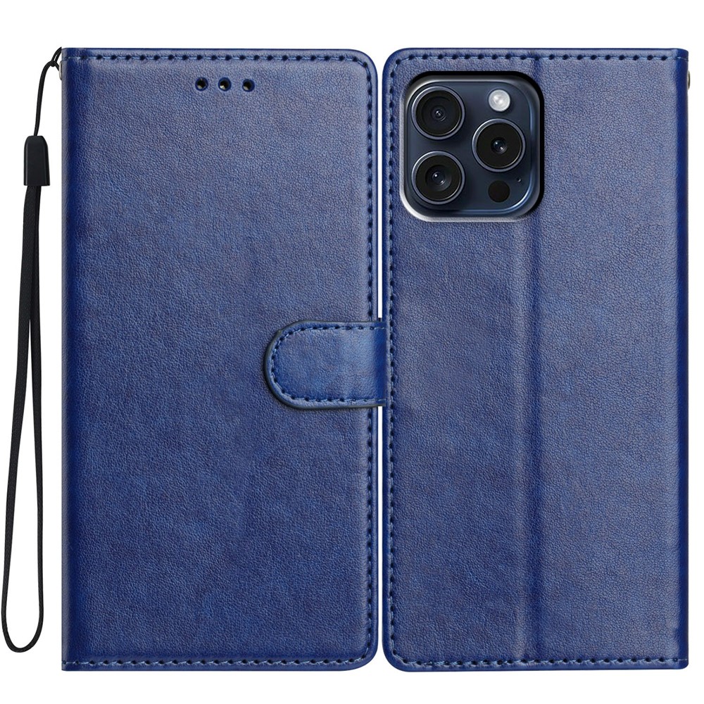 For iPhone 13 Pro Max Leather Phone Case Wallet Stand Cover with Handy Strap - Blue