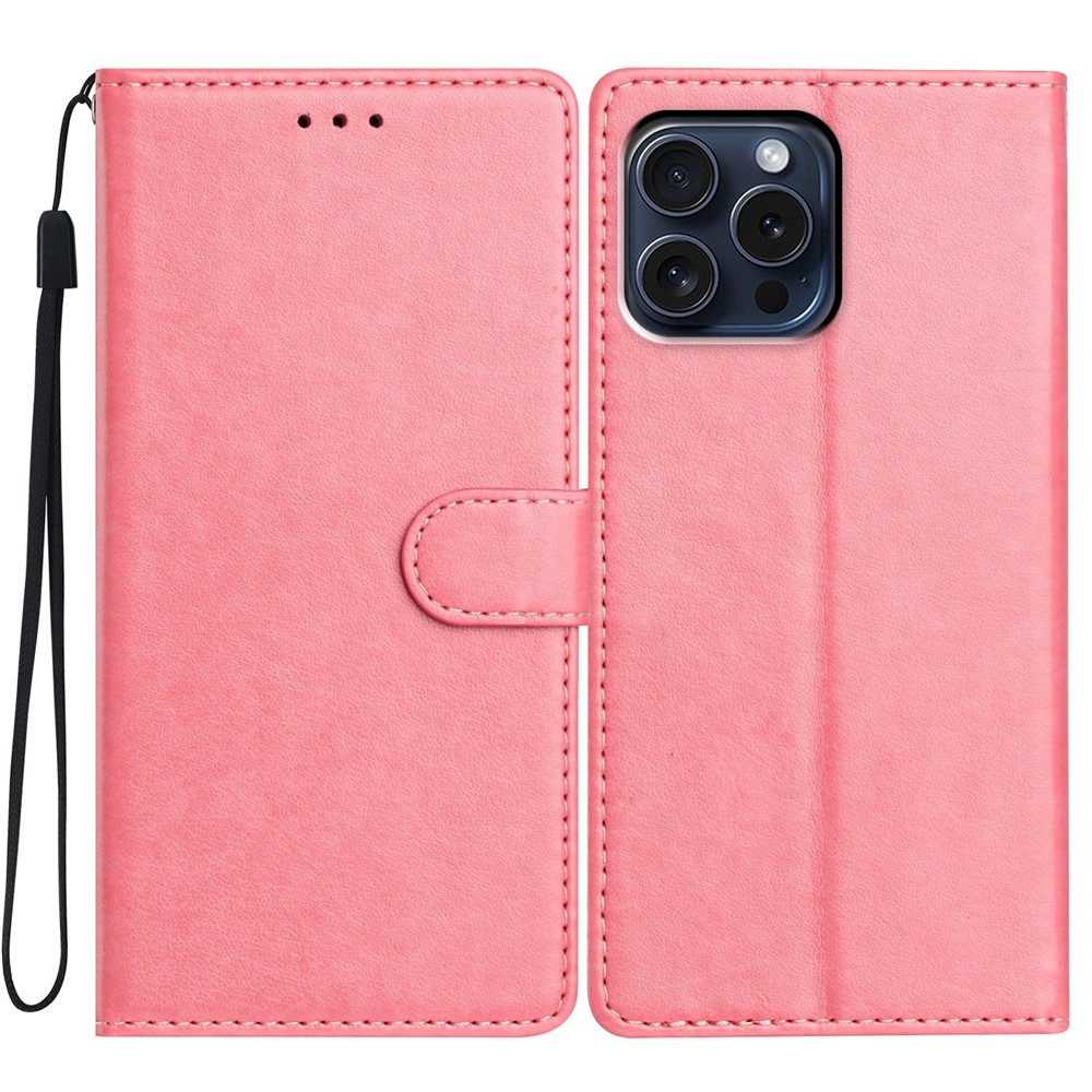 For iPhone 13 Pro Max Leather Phone Case Wallet Stand Cover with Handy Strap - Pink