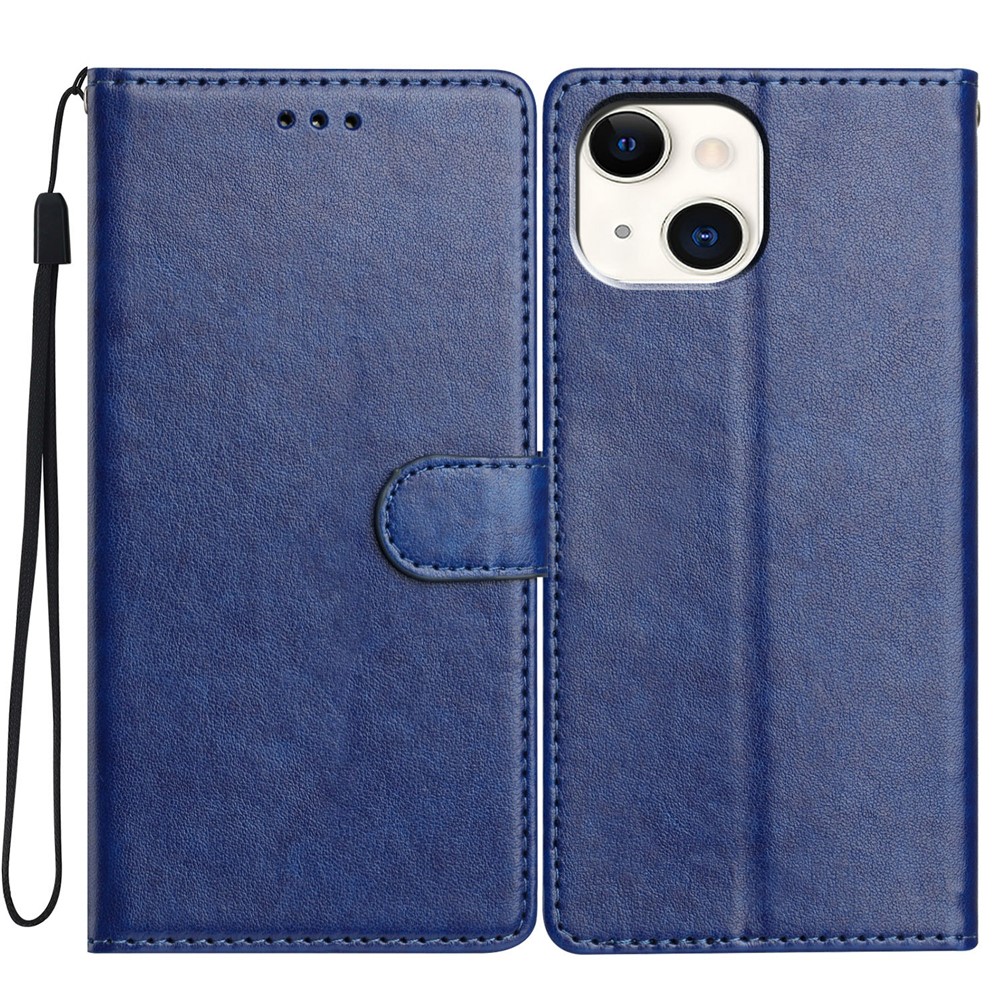 For iPhone 13 Leather Phone Case Wallet Stand Cover with Handy Strap - Blue