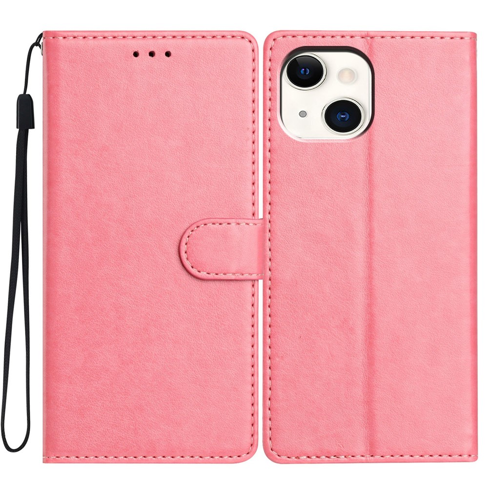 For iPhone 13 Leather Phone Case Wallet Stand Cover with Handy Strap - Pink