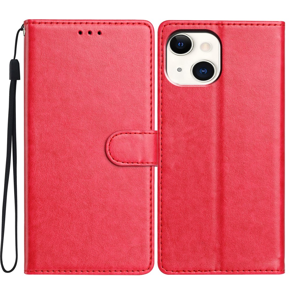 For iPhone 14 Leather Phone Case Wallet Stand Cover with Handy Strap - Rose