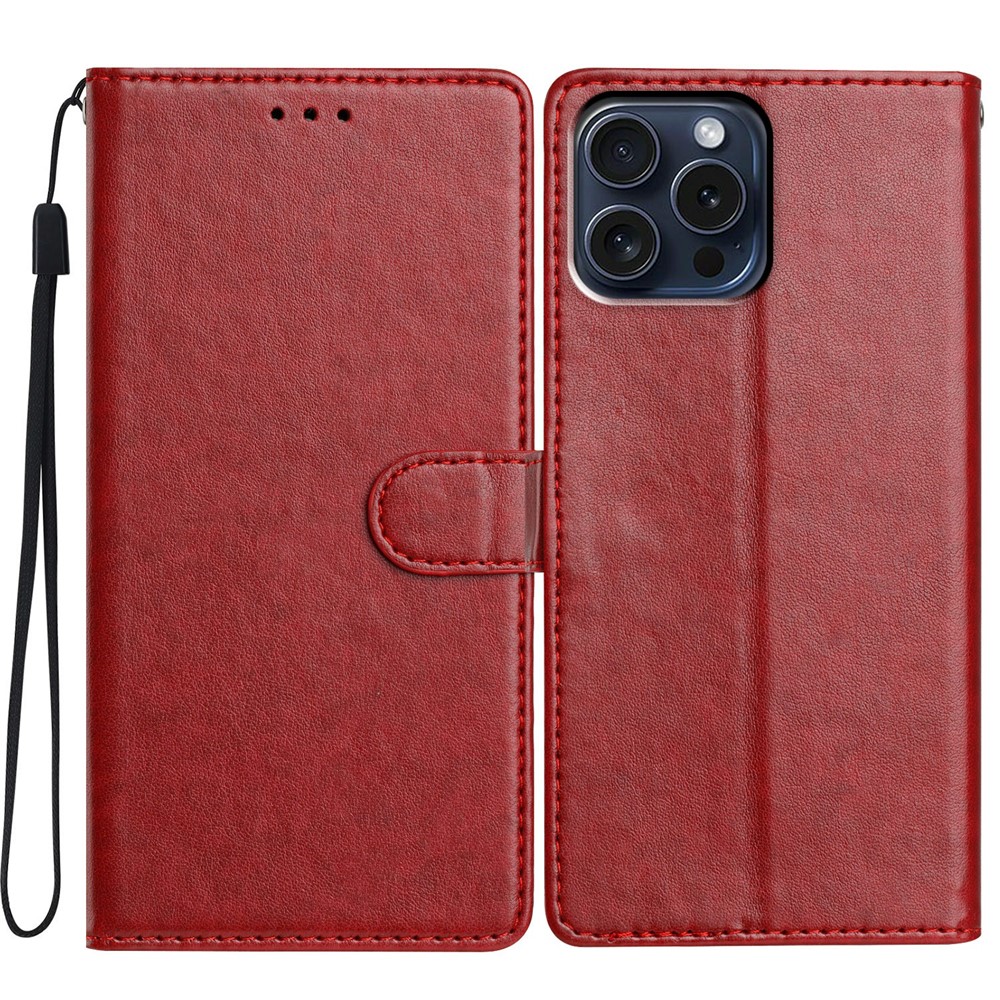 For iPhone 14 Pro Leather Phone Case Wallet Stand Cover with Handy Strap - Red