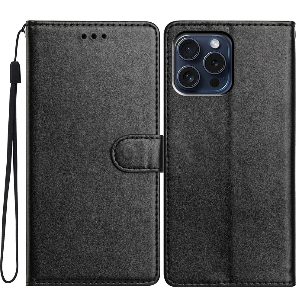 For iPhone 14 Pro Leather Phone Case Wallet Stand Cover with Handy Strap - Black