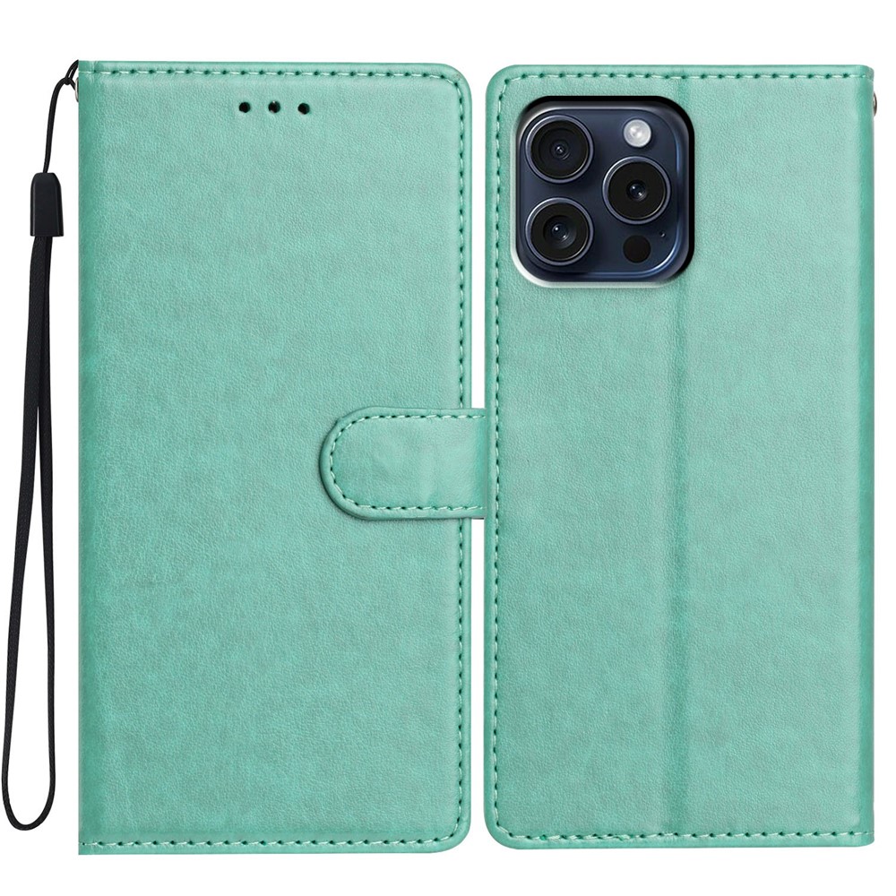 For iPhone 14 Pro Leather Phone Case Wallet Stand Cover with Handy Strap - Green