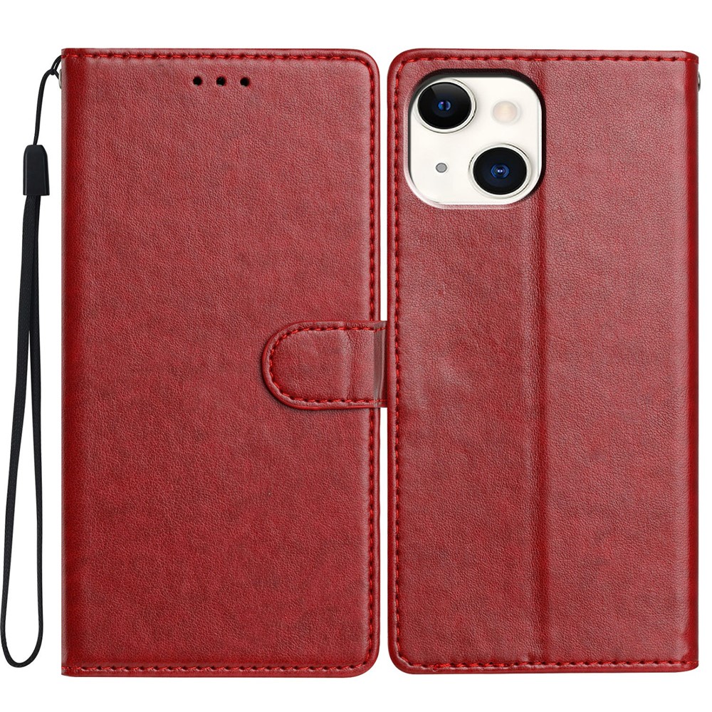 For iPhone 14 Plus Leather Phone Case Wallet Stand Cover with Handy Strap - Red