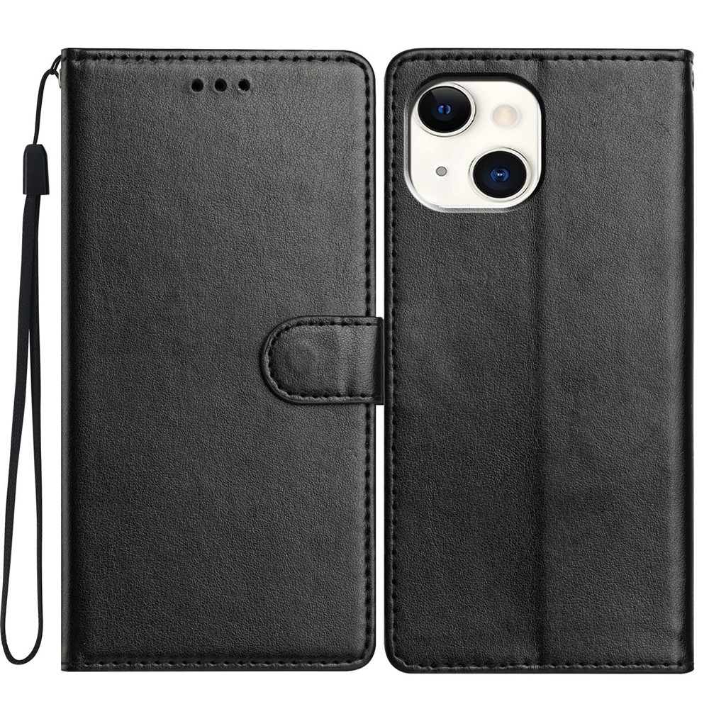 For iPhone 14 Plus Leather Phone Case Wallet Stand Cover with Handy Strap - Black