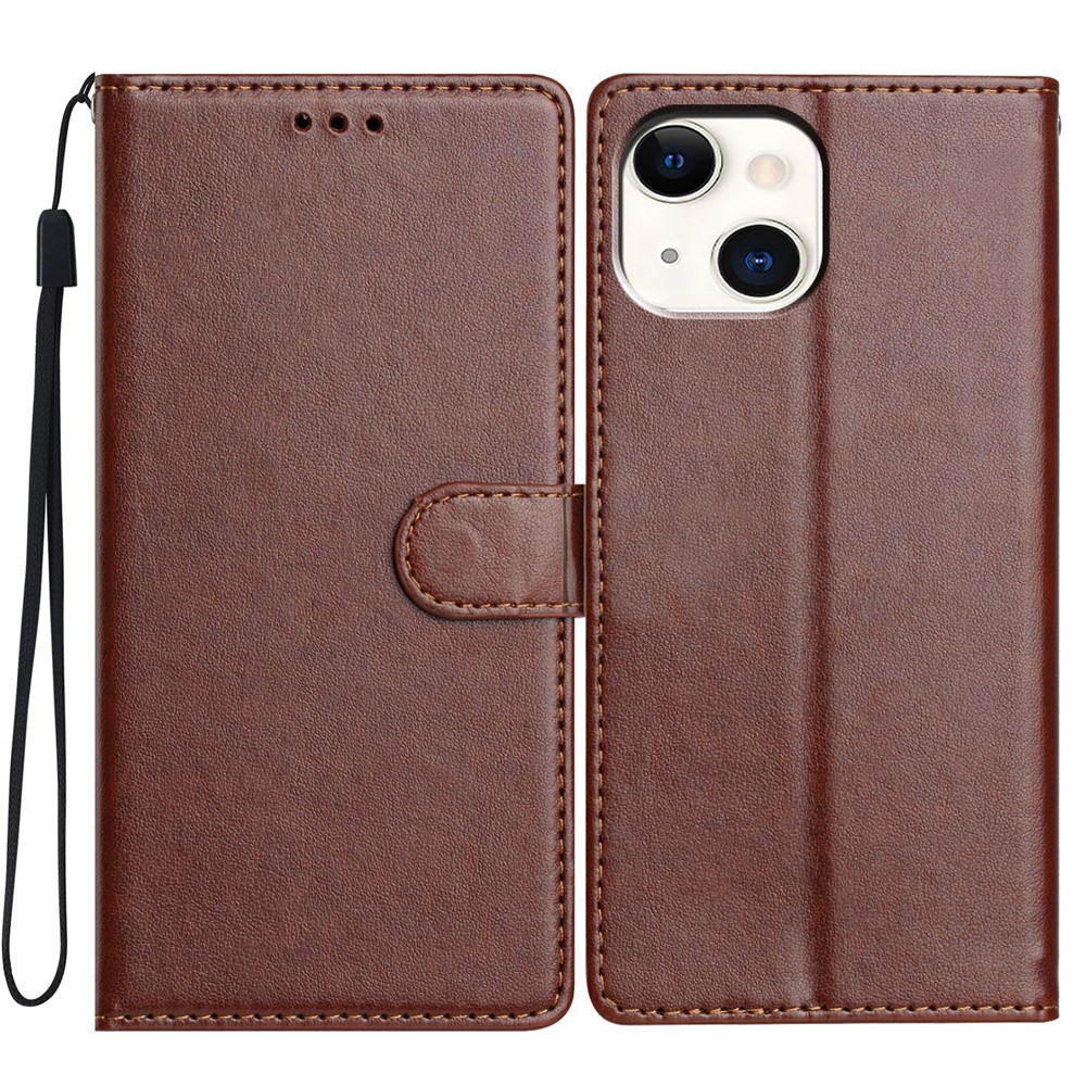 For iPhone 15 Leather Phone Case Wallet Stand Cover with Handy Strap - Brown