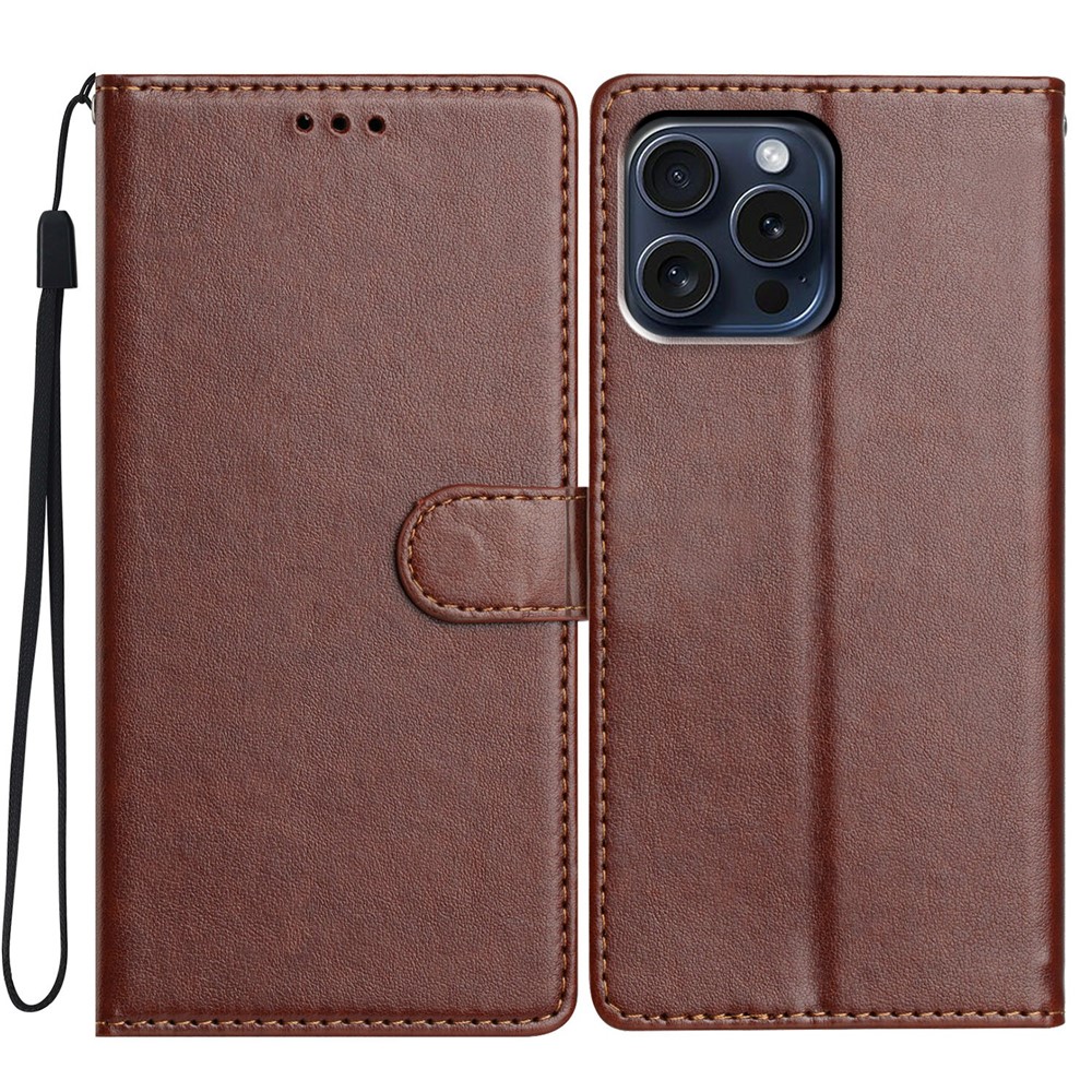 For iPhone 14 Pro Max Leather Phone Case Wallet Stand Cover with Handy Strap - Brown