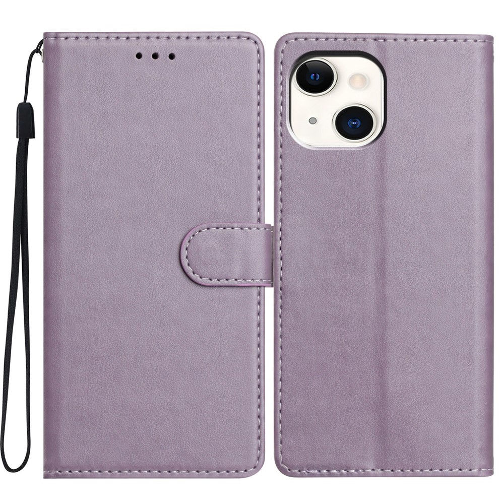 For iPhone 15 Plus Leather Phone Case Wallet Stand Cover with Handy Strap - Purple