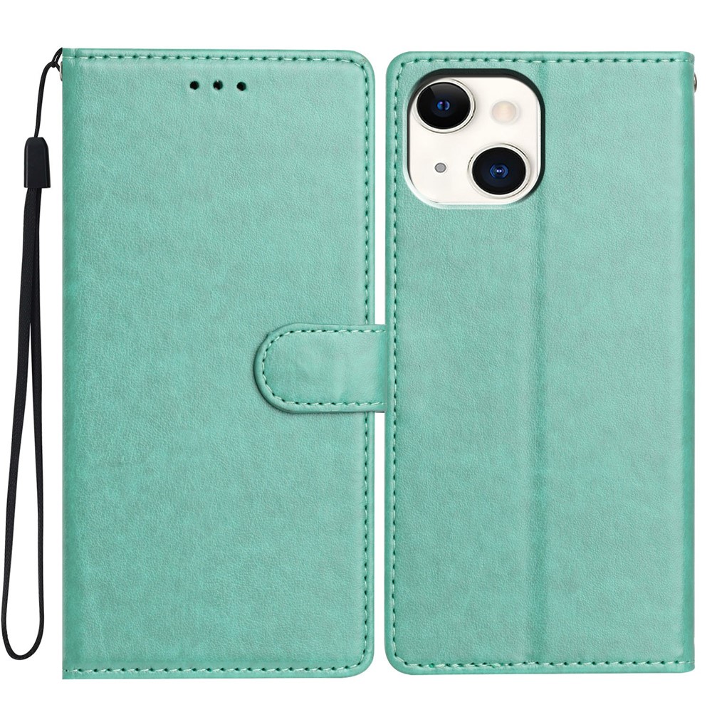 For iPhone 15 Plus Leather Phone Case Wallet Stand Cover with Handy Strap - Green