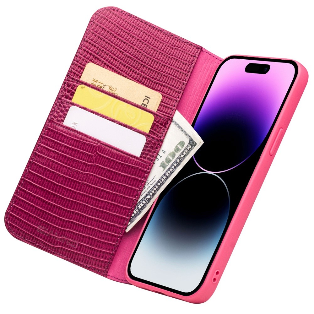 QIALINO Crocodile Texture Genuine Leather Case for iPhone 14 Pro, Stand Wallet Shockproof Phone Cover-2