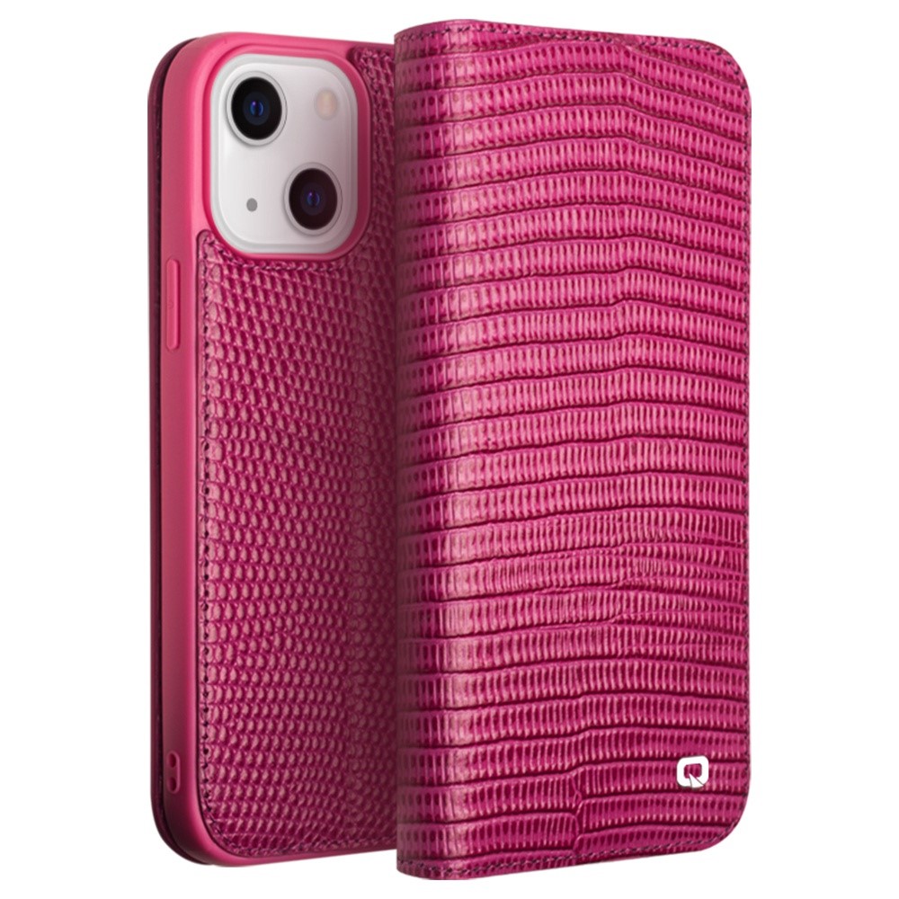 QIALINO For iPhone 14 Plus Genuine Leather Anti-drop Phone Case Crocodile Texture Stand Wallet Cover-1