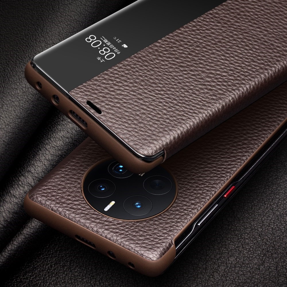 QIALINO For Huawei Mate 50 4G / Mate 50E 4G View Window Genuine Leather Touch Slide Button Phone Case with Auto Wake / Sleep - Dark Brown-3