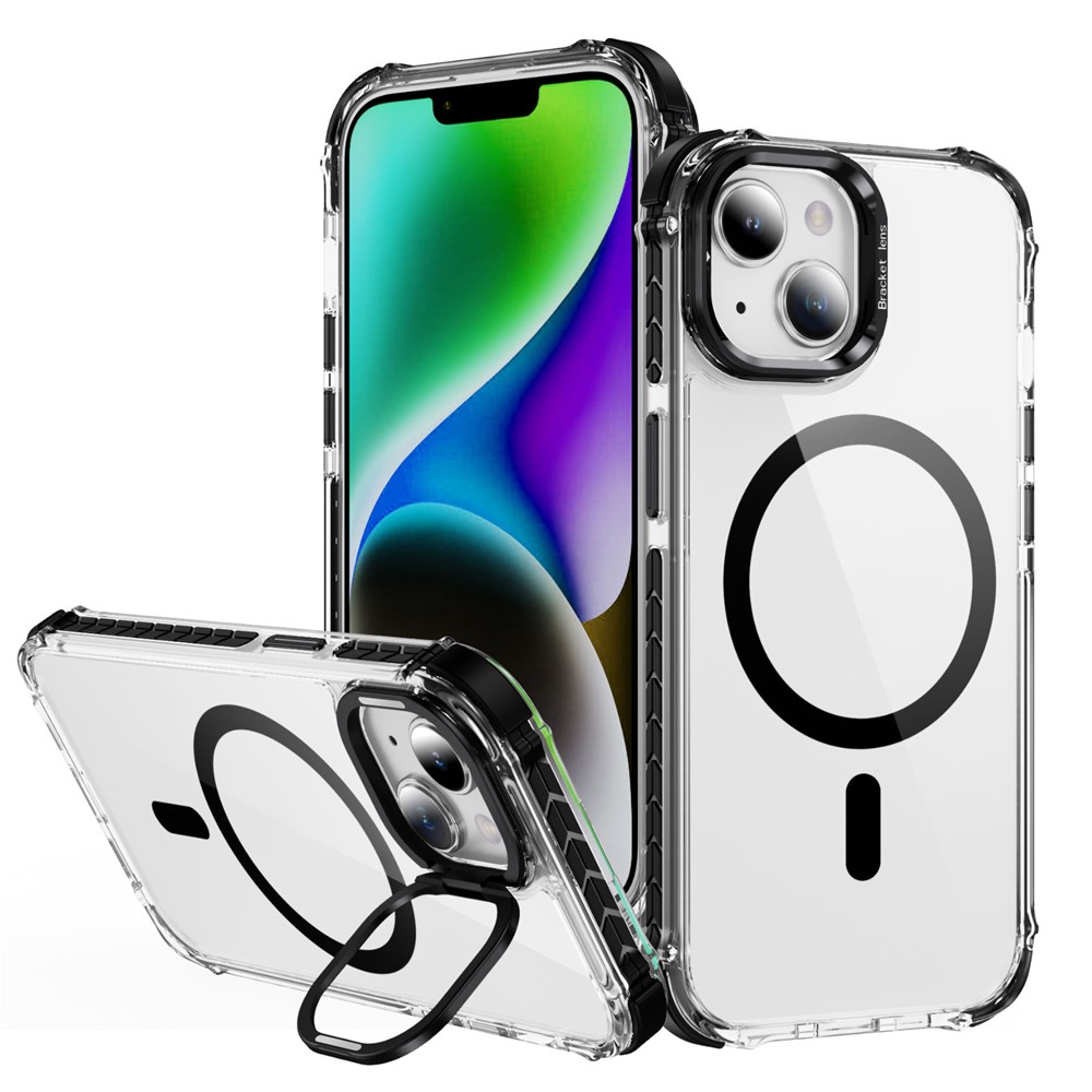 For iPhone 15 Clear Phone Case with Lens Kickstand Cover Compatible with MagSafe - Black