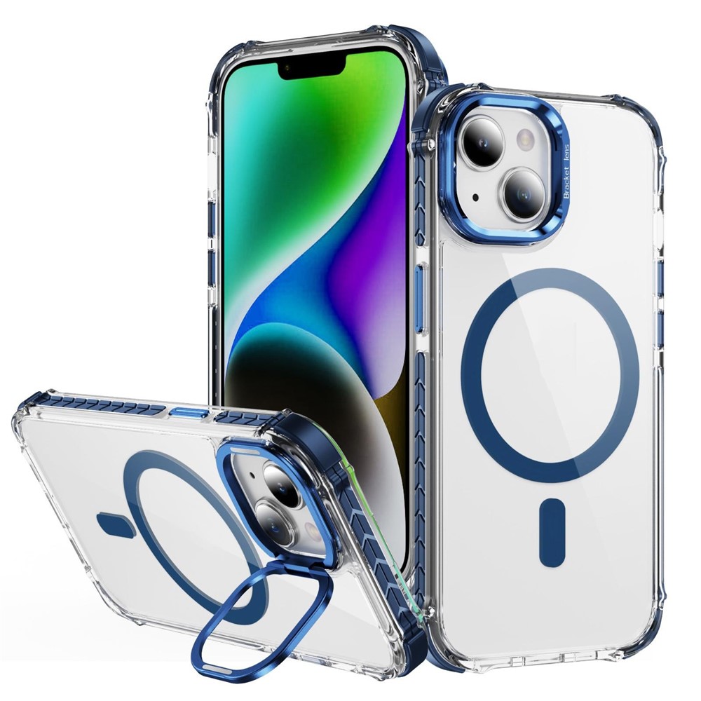 For iPhone 15 Clear Phone Case with Lens Kickstand Cover Compatible with MagSafe - Blue