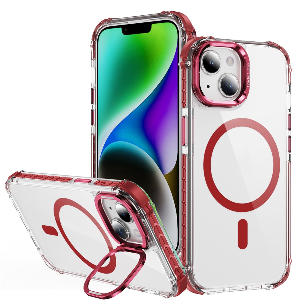 For iPhone 14 Clear Phone Case with Lens Kickstand Cover Compatible with MagSafe - Red