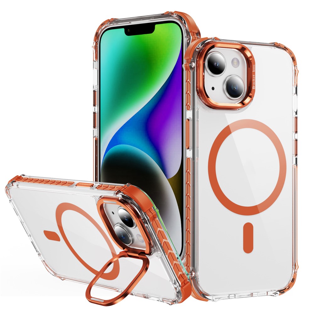 For iPhone 14 Clear Phone Case with Lens Kickstand Cover Compatible with MagSafe - Orange