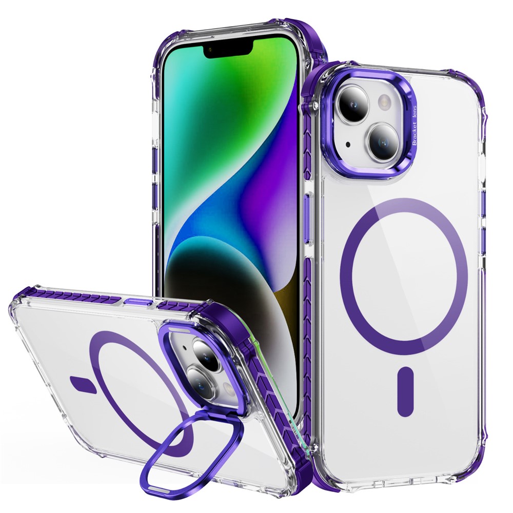 For iPhone 14 Clear Phone Case with Lens Kickstand Cover Compatible with MagSafe - Purple