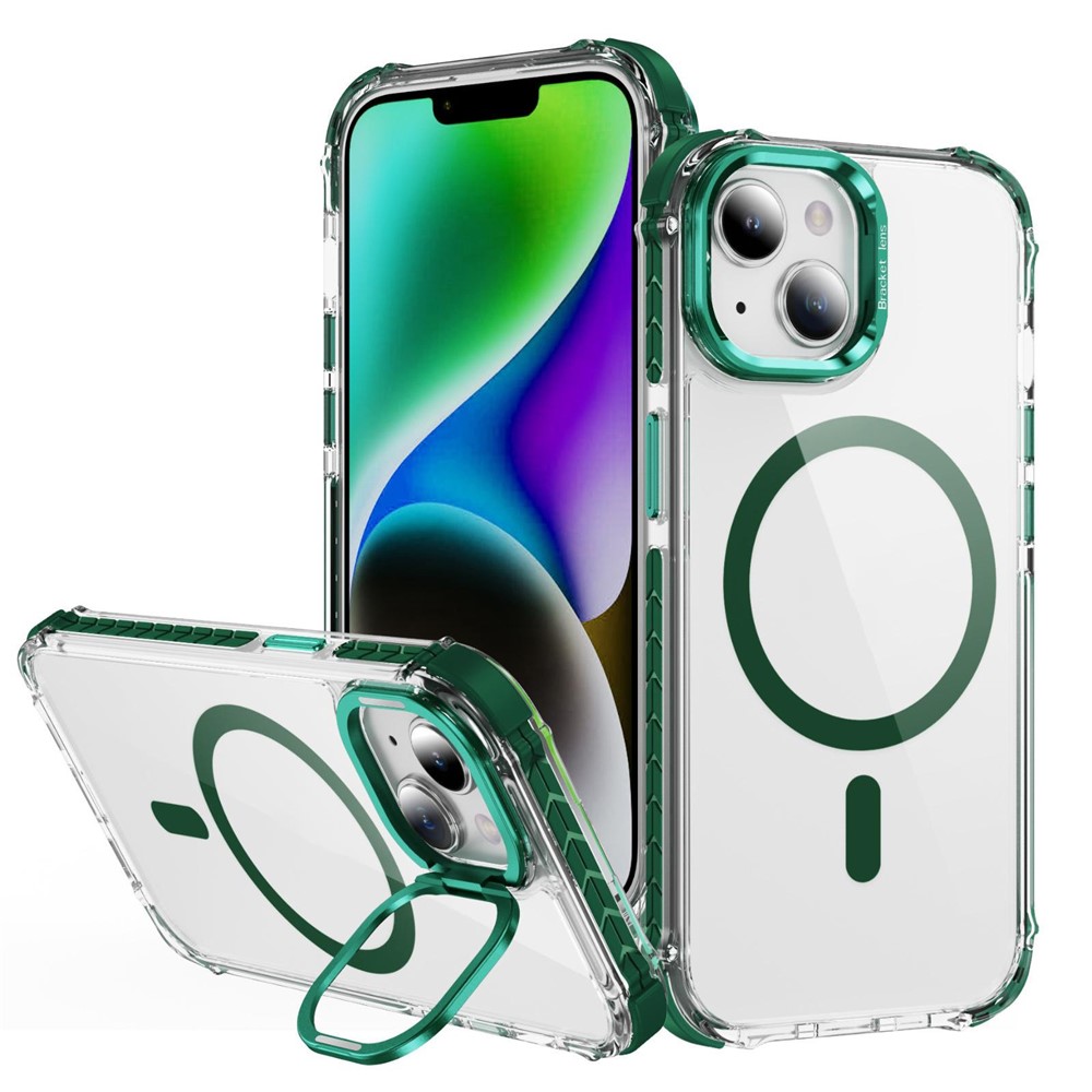 For iPhone 14 Clear Phone Case with Lens Kickstand Cover Compatible with MagSafe - Green