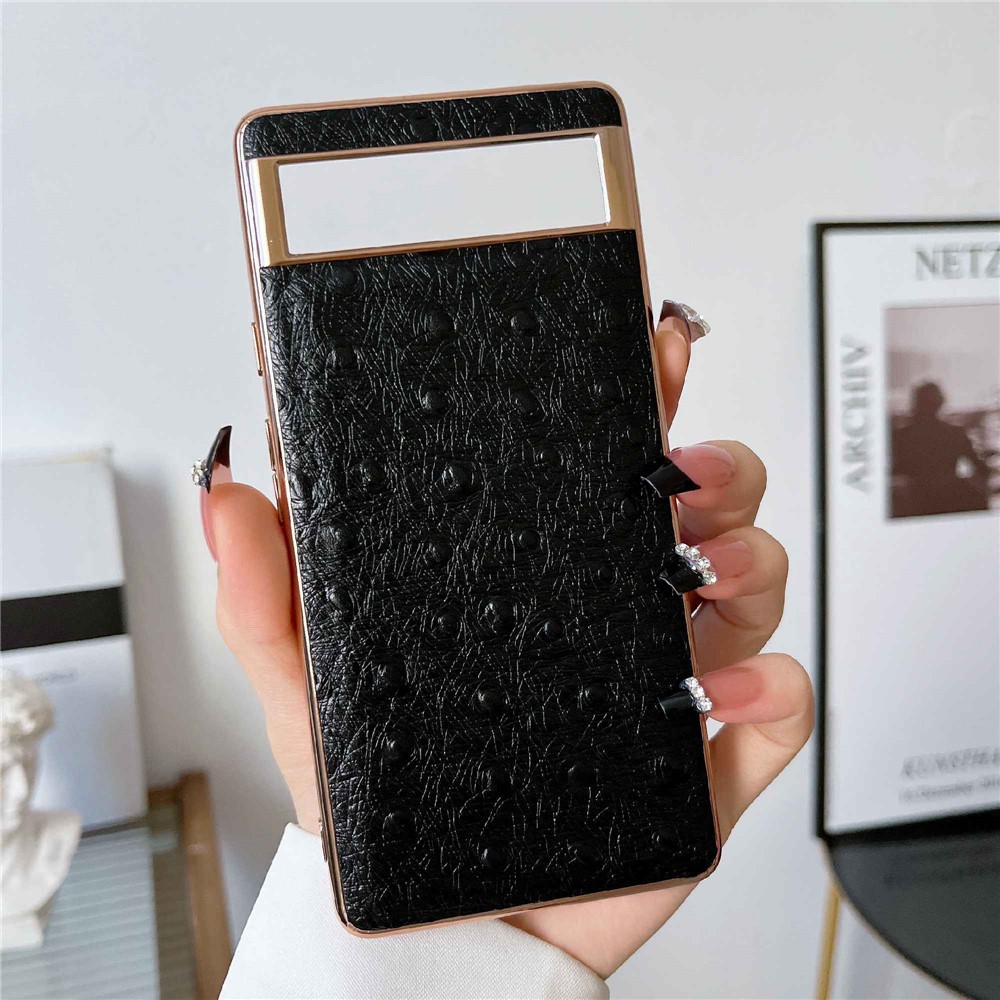 Electroplating Phone Case for Google Pixel 6 Pro 5G, Ostrich Texture PC+TPU+Genuine Cowhide Leather Phone Cover - Black-2