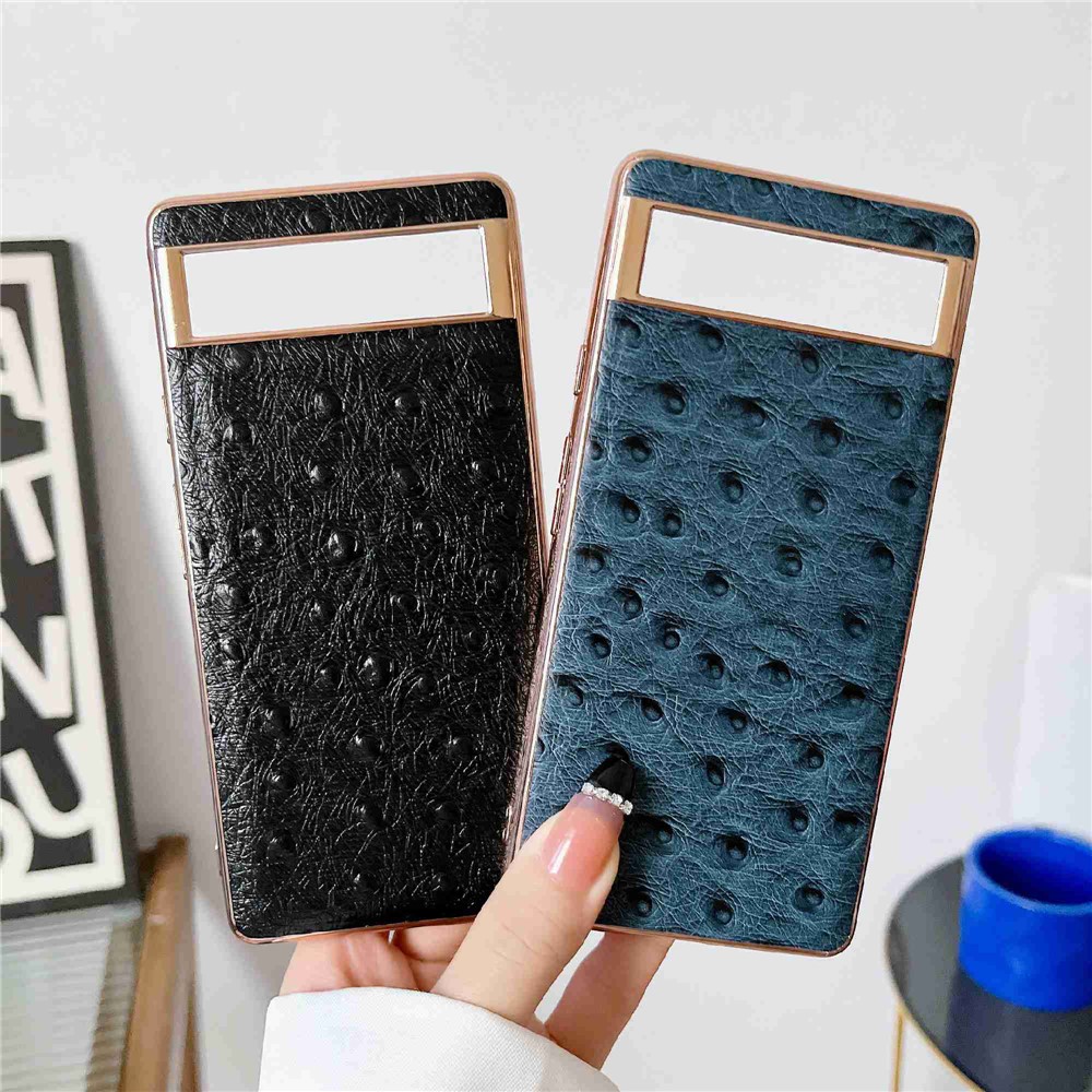 Electroplating Phone Case for Google Pixel 6 Pro 5G, Ostrich Texture PC+TPU+Genuine Cowhide Leather Phone Cover - Black-3