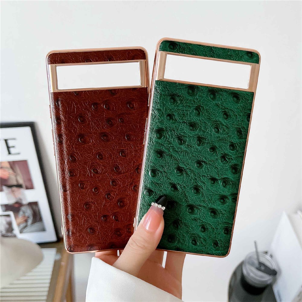 Electroplating Phone Case for Google Pixel 6 Pro 5G, Ostrich Texture PC+TPU+Genuine Cowhide Leather Phone Cover - Black-4