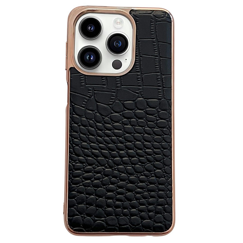 Shockproof Nano Electroplating Shell for iPhone 13 Pro 6.1 inch Crocodile Texture Genuine Cowhide Leather Coated TPU+PC Case - Black-1